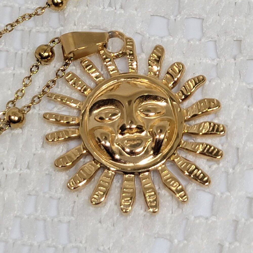 Sun Face Pendant Necklace Beaded Chain Stainless Steel 20 Inch 2 Inch Adj NEW - Picture 10 of 12